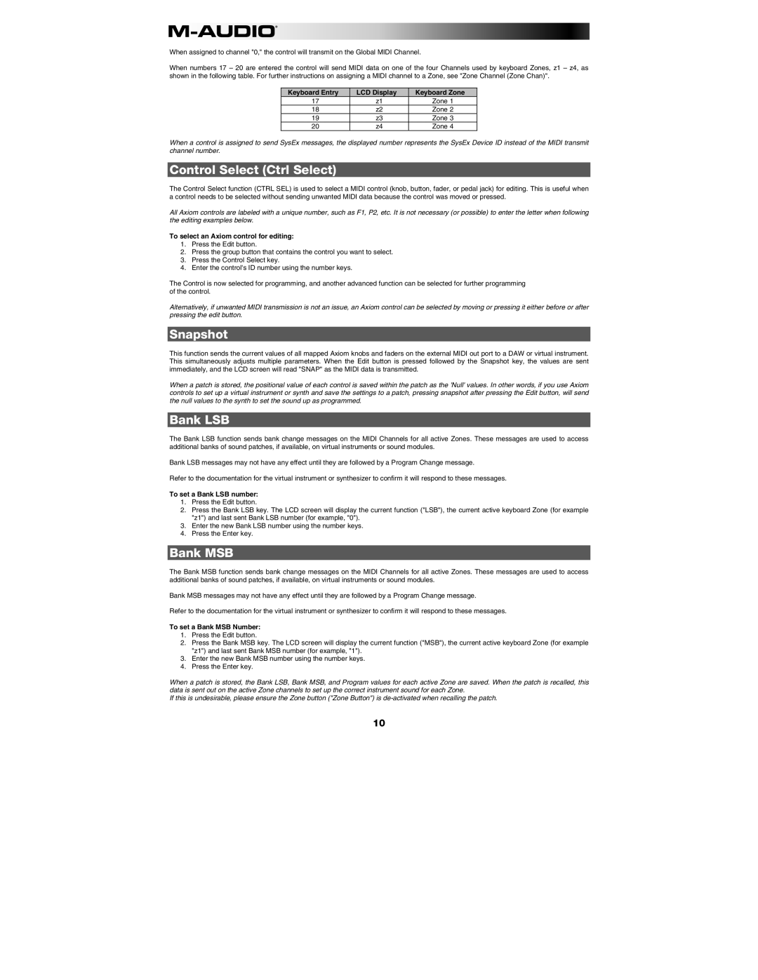 M-Audio AXIOM49, AXIOM25 manual Control Select Ctrl Select, Snapshot, Bank LSB, Bank MSB 