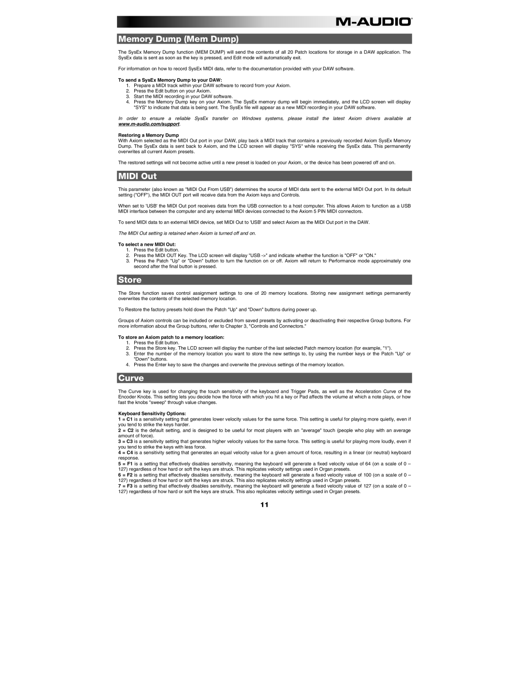 M-Audio AXIOM25, AXIOM49 manual Memory Dump Mem Dump, Midi Out, Store, Curve 