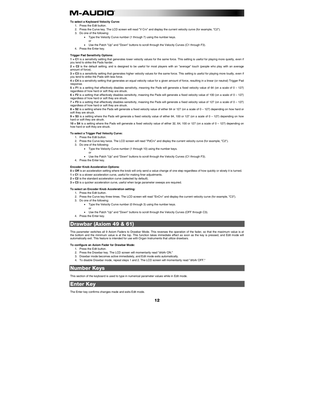 M-Audio AXIOM49, AXIOM25 manual Drawbar Axiom 49, Number Keys, Enter Key 