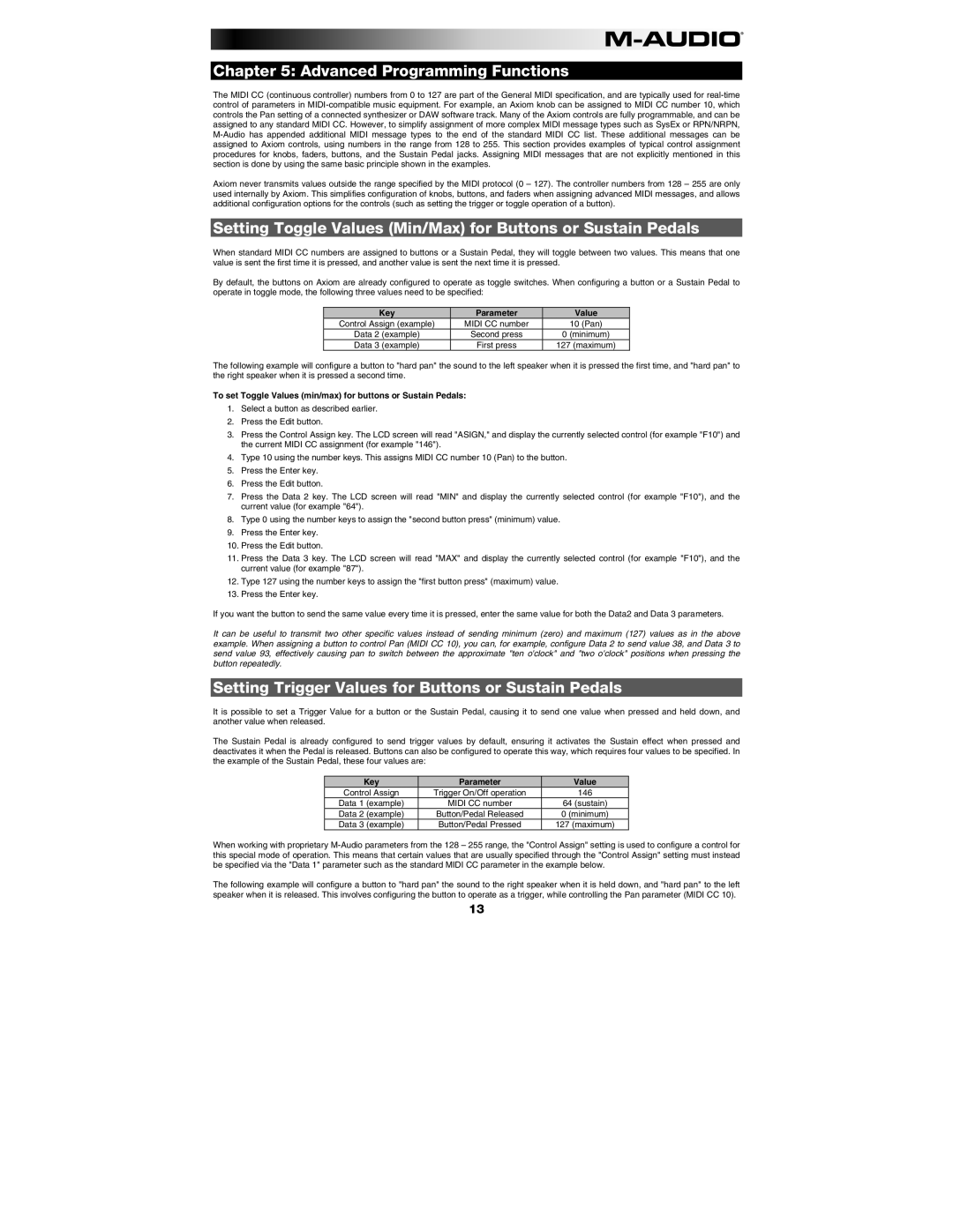M-Audio AXIOM25, AXIOM49 manual Advanced Programming Functions, Setting Toggle Values Min/Max for Buttons or Sustain Pedals 