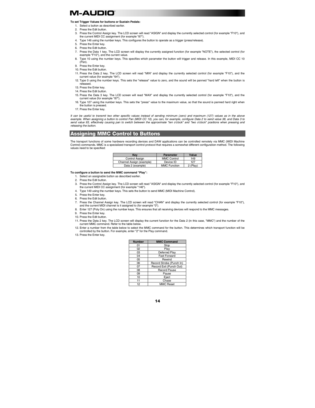 M-Audio AXIOM49 Assigning MMC Control to Buttons, To set Trigger Values for buttons or Sustain Pedals, Number MMC Command 