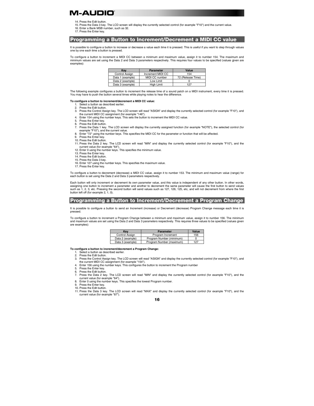 M-Audio AXIOM49, AXIOM25 manual Programming a Button to Increment/Decrement a Midi CC value 
