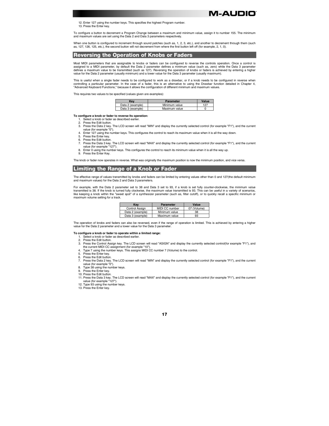 M-Audio AXIOM25, AXIOM49 manual Reversing the Operation of Knobs or Faders, Limiting the Range of a Knob or Fader 