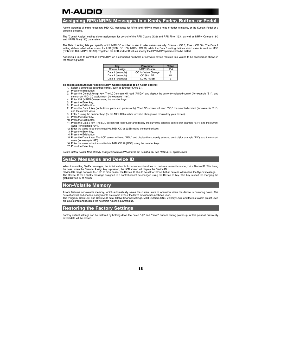 M-Audio AXIOM49, AXIOM25 manual SysEx Messages and Device ID, Non-Volatile Memory, Restoring the Factory Settings 