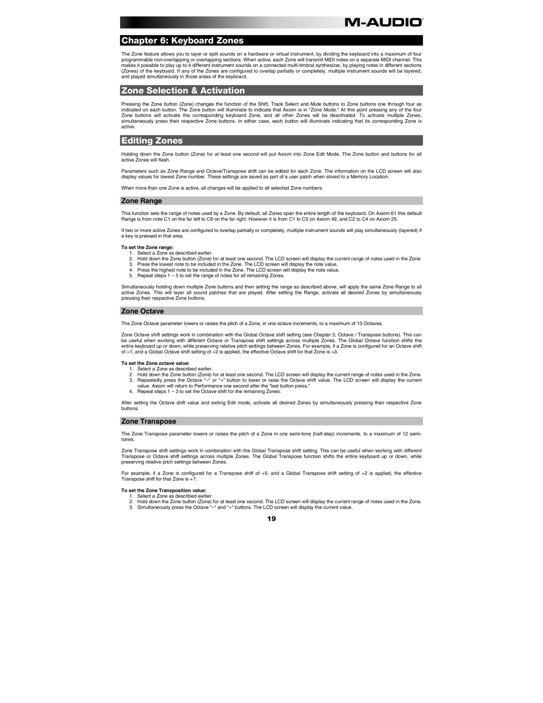 M-Audio AXIOM25, AXIOM49 manual Keyboard Zones, Zone Selection & Activation, Editing Zones 