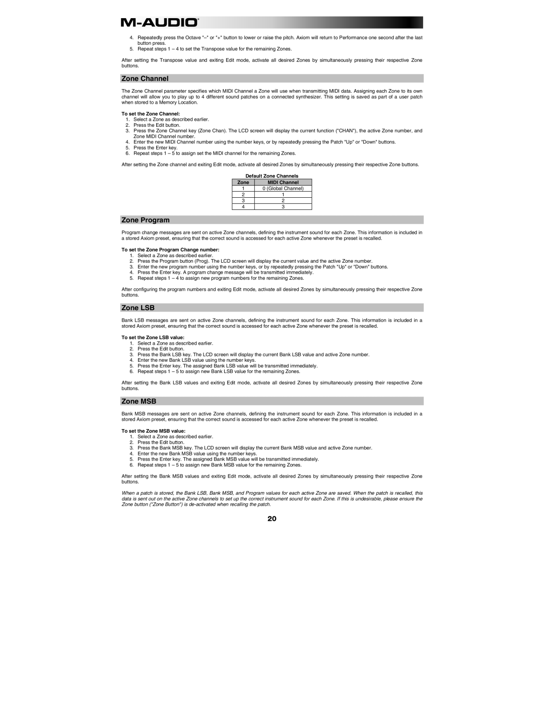 M-Audio AXIOM49, AXIOM25 manual To set the Zone Channel, To set the Zone Program Change number, To set the Zone LSB value 