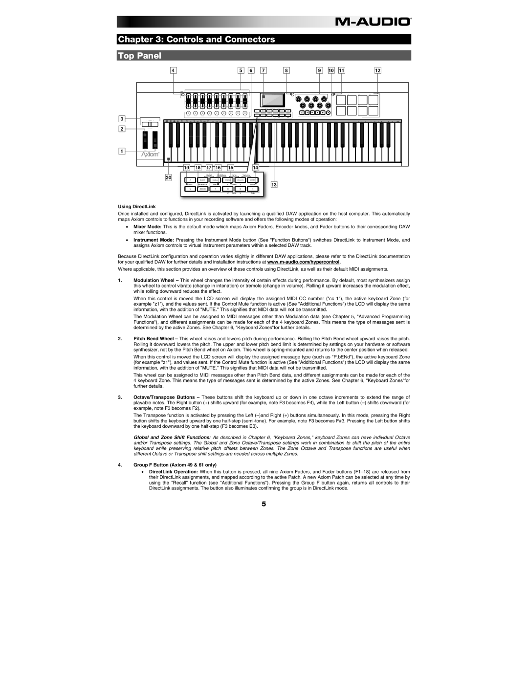 M-Audio AXIOM25, AXIOM49 manual Controls and Connectors Top Panel, Using DirectLink, Group F Button Axiom 49 & 61 only 