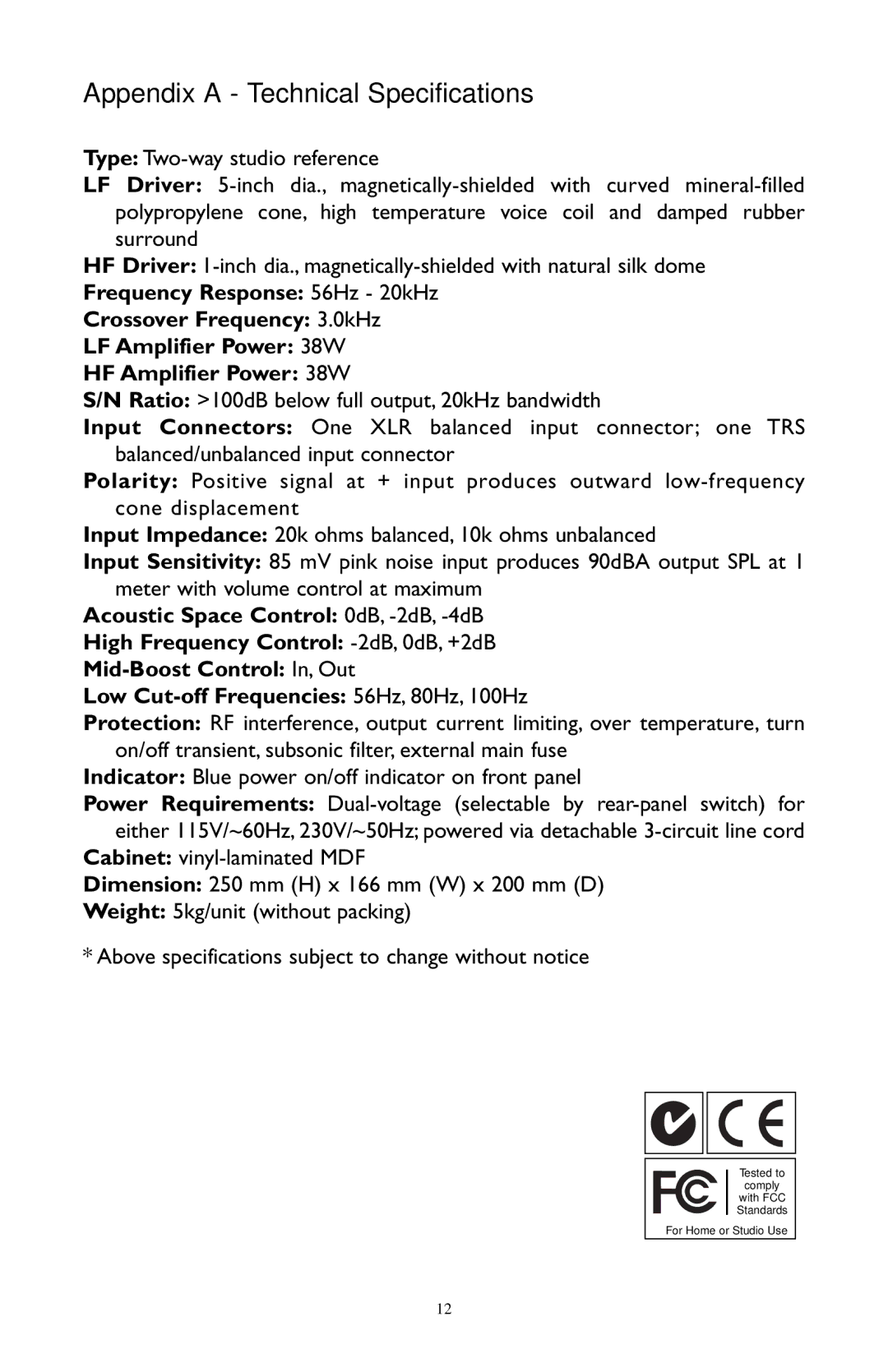 M-Audio BX5 user manual Appendix a Technical Specifications 