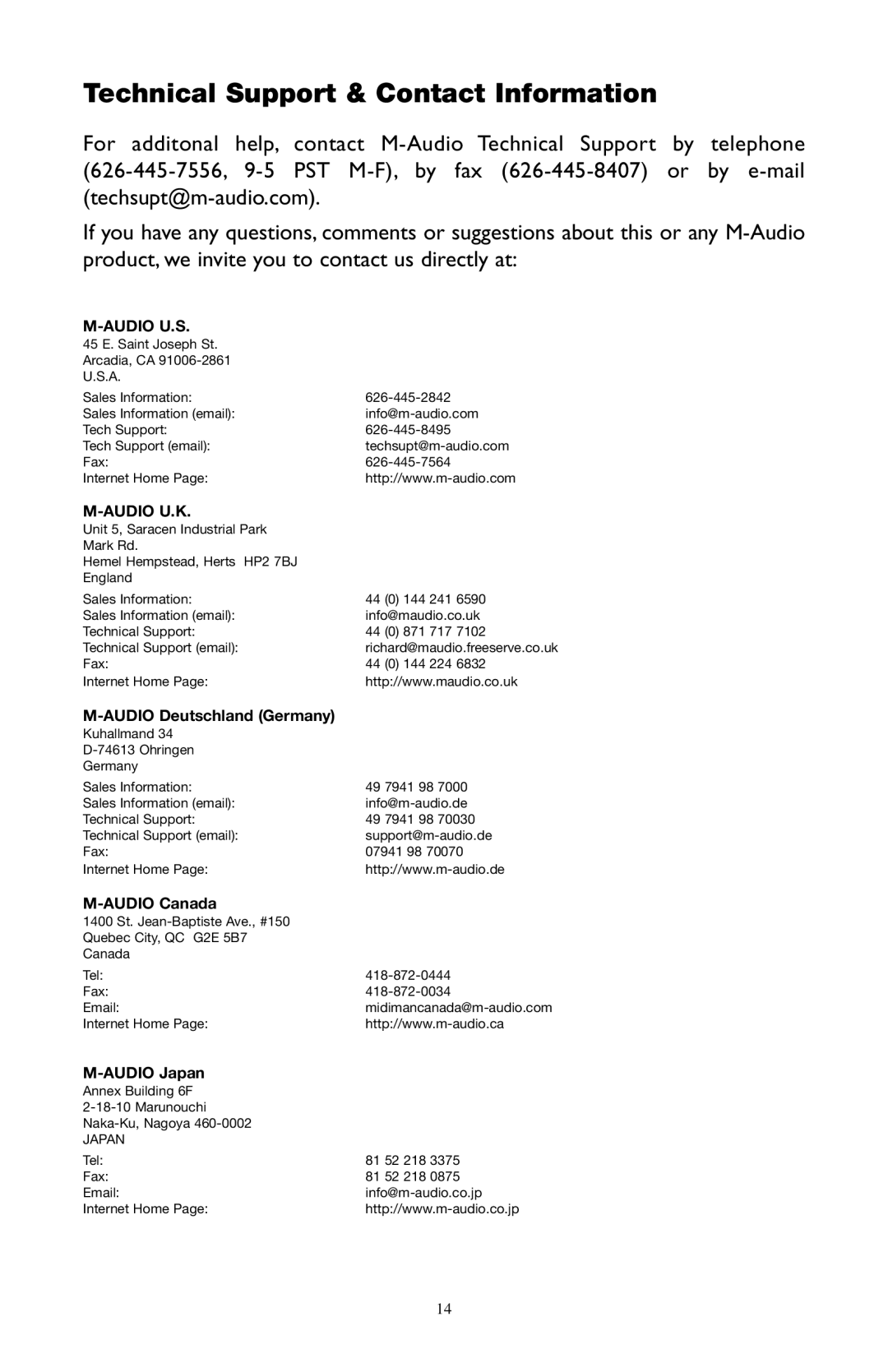 M-Audio BX5 user manual Technical Support & Contact Information, Audio U.S 