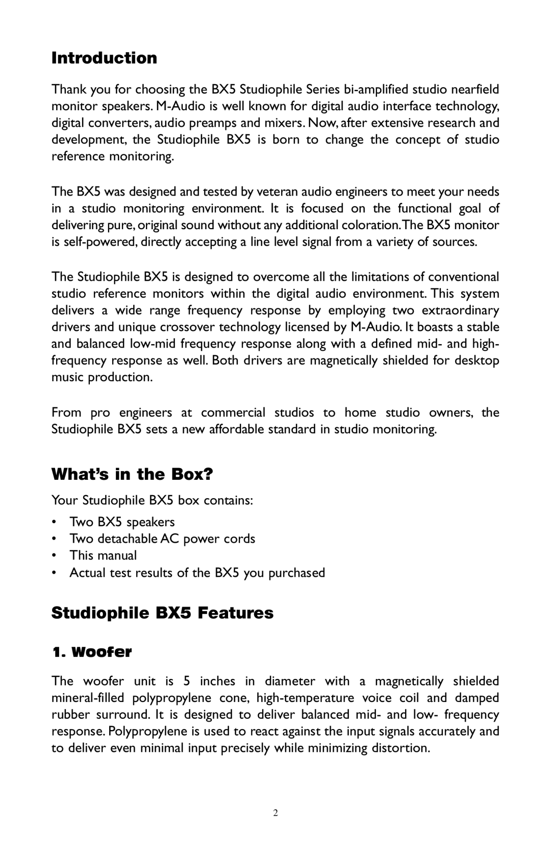 M-Audio user manual Introduction, What’s in the Box?, Studiophile BX5 Features, Woofer 