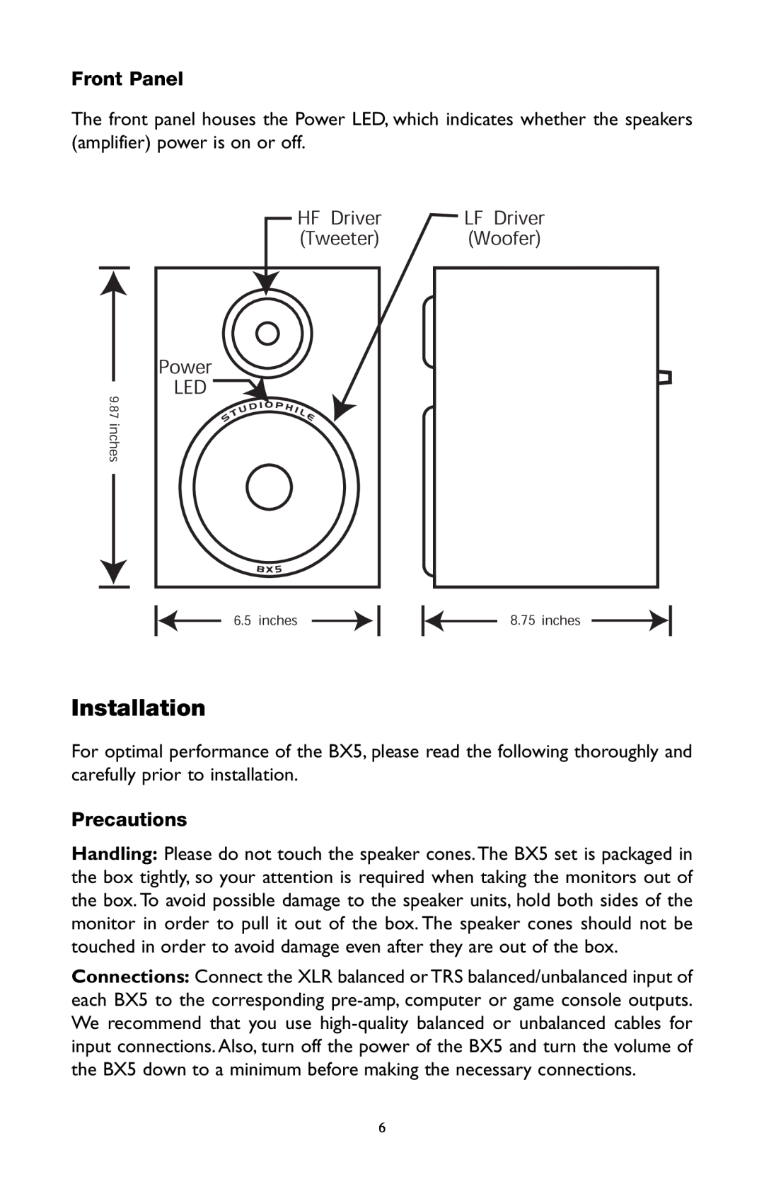 M-Audio BX5 user manual Installation, Front Panel, Precautions 