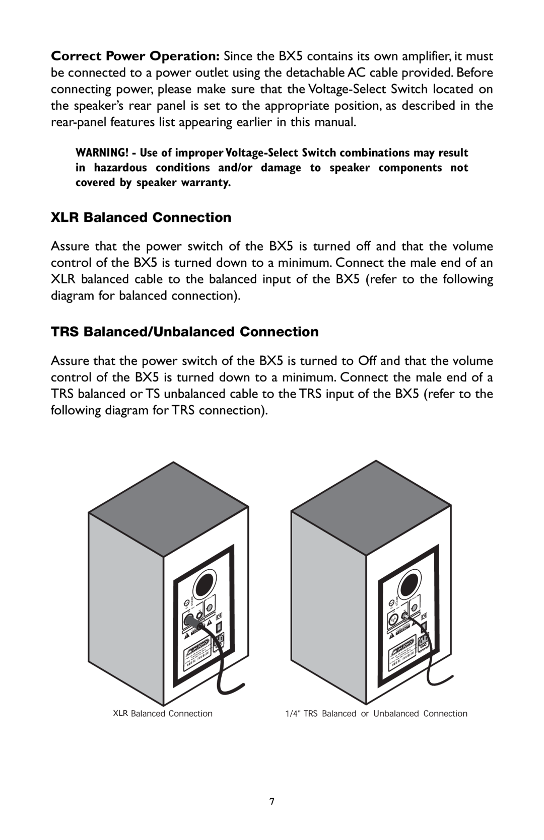 M-Audio BX5 user manual XLR Balanced Connection, TRS Balanced/Unbalanced Connection 