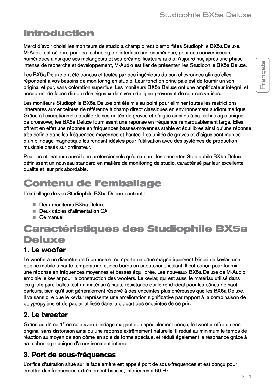 M-Audio manual Introduction, Contenu de l’emballage, Caractéristiques des Studiophile BX5a Deluxe, Le woofer, Le tweeter 