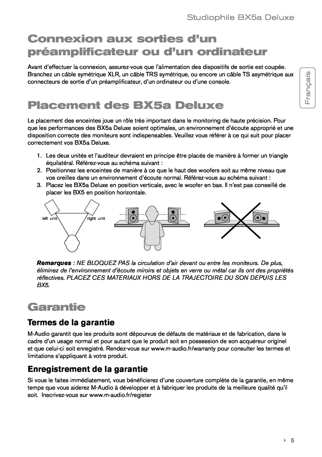 M-Audio manual Placement des BX5a Deluxe, Garantie, Termes de la garantie, Enregistrement de la garantie, Français 