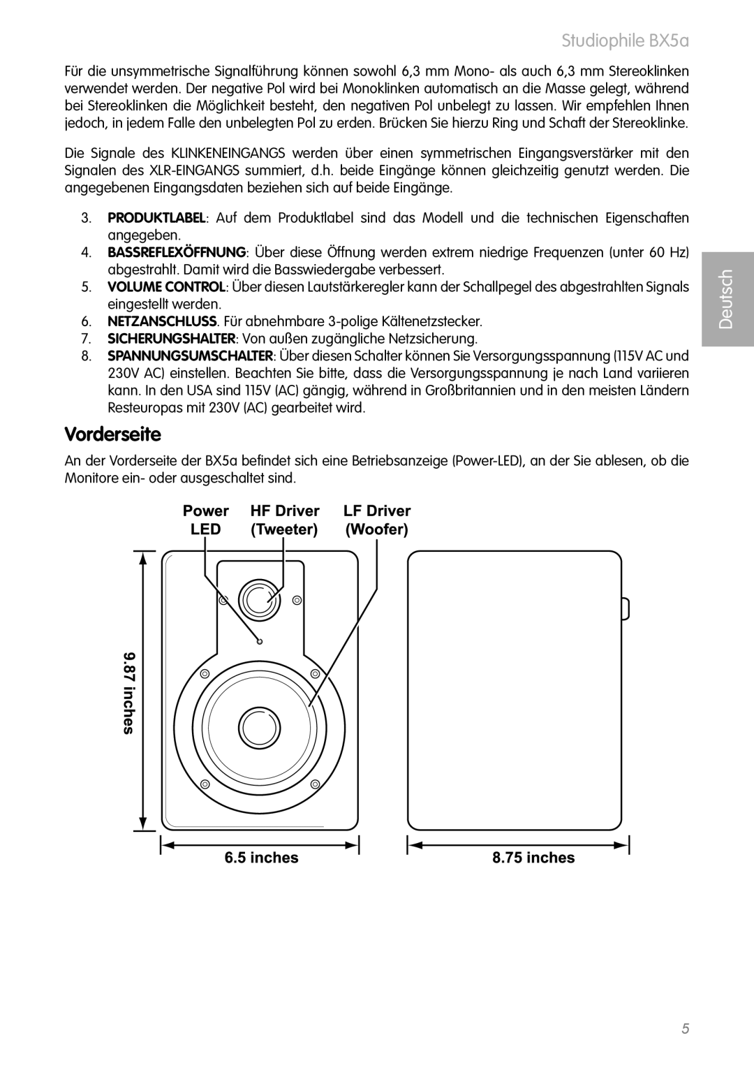 M-Audio BX5a manual Vorderseite 