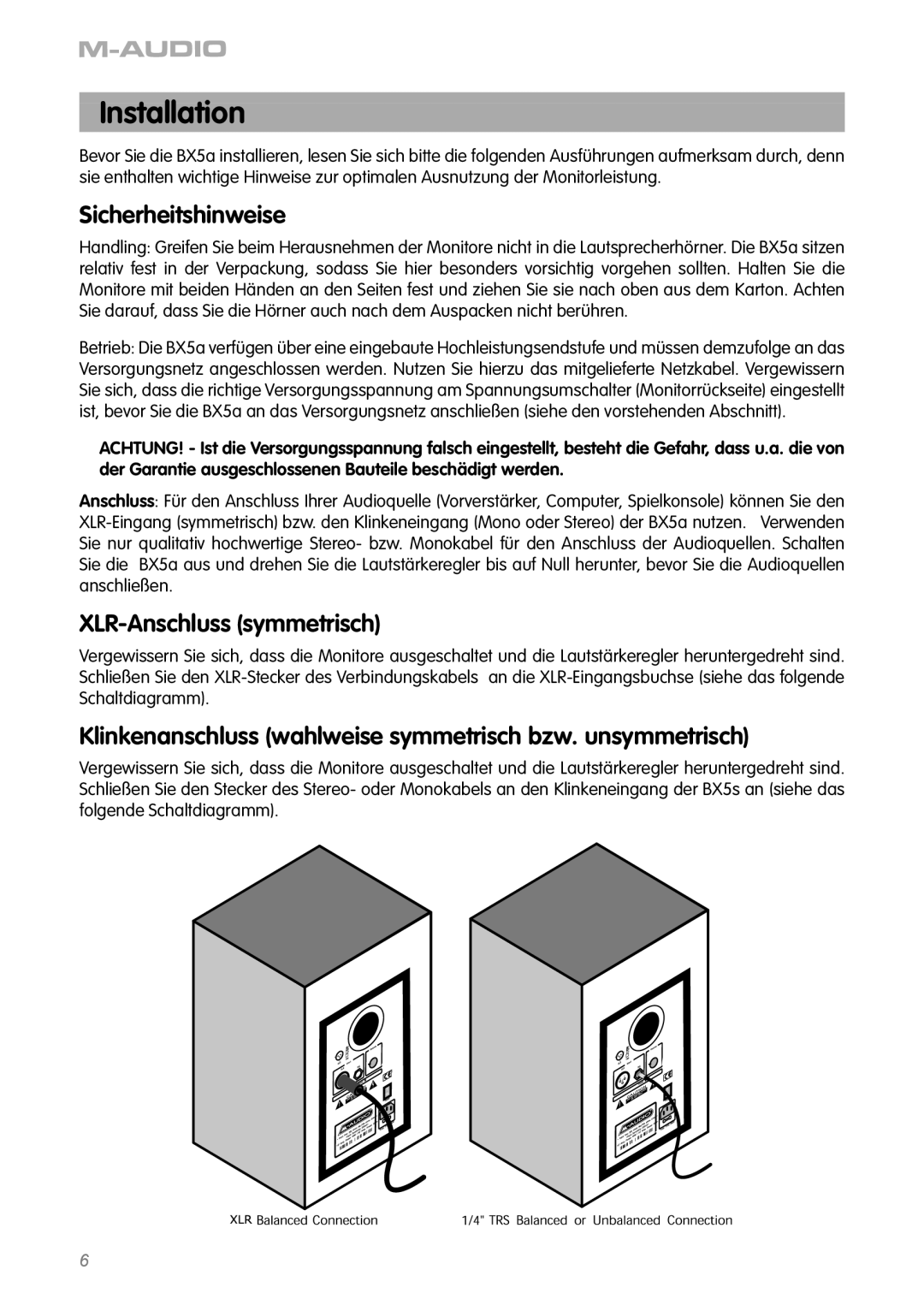 M-Audio BX5a manual Installation, Sicherheitshinweise 