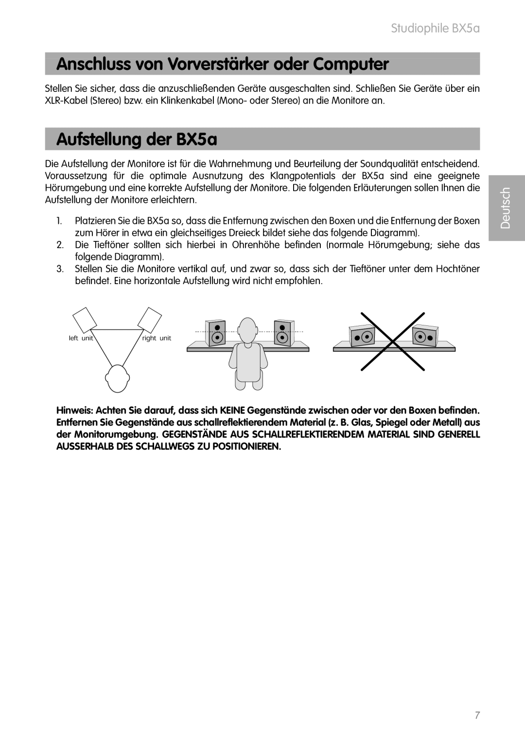 M-Audio manual Anschluss von Vorverstärker oder Computer, Aufstellung der BX5a 