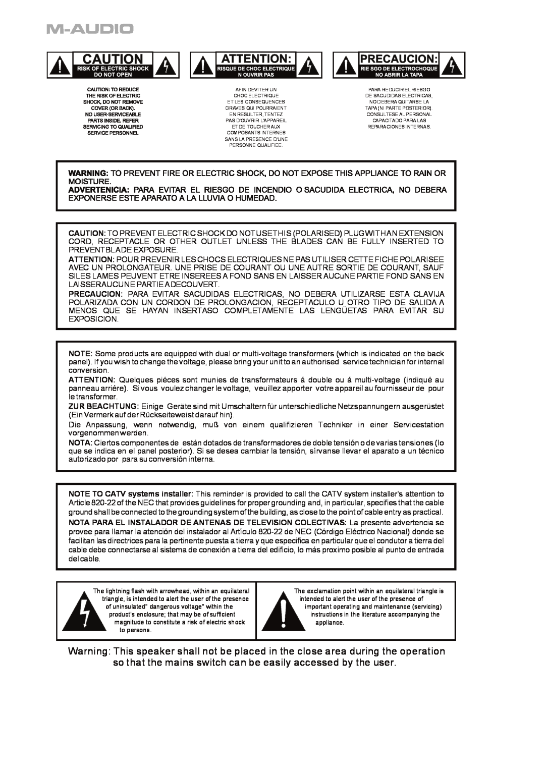 M-Audio BX5a manual to persons, appliance, Afin Deviter Un, Reparaciones Internas, Personne Qualifiee 