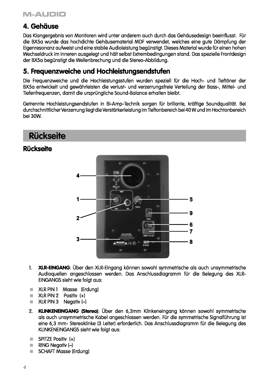 M-Audio BX5a manual Rückseite, Gehäuse, Frequenzweiche und Hochleistungsendstufen 