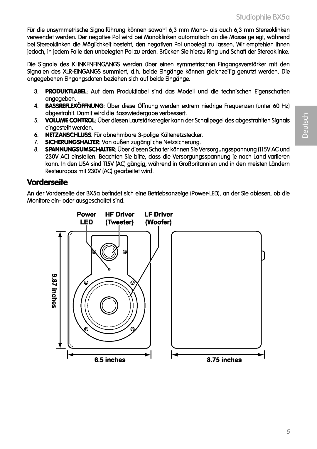 M-Audio manual Vorderseite, Studiophile BX5a, Deutsch 