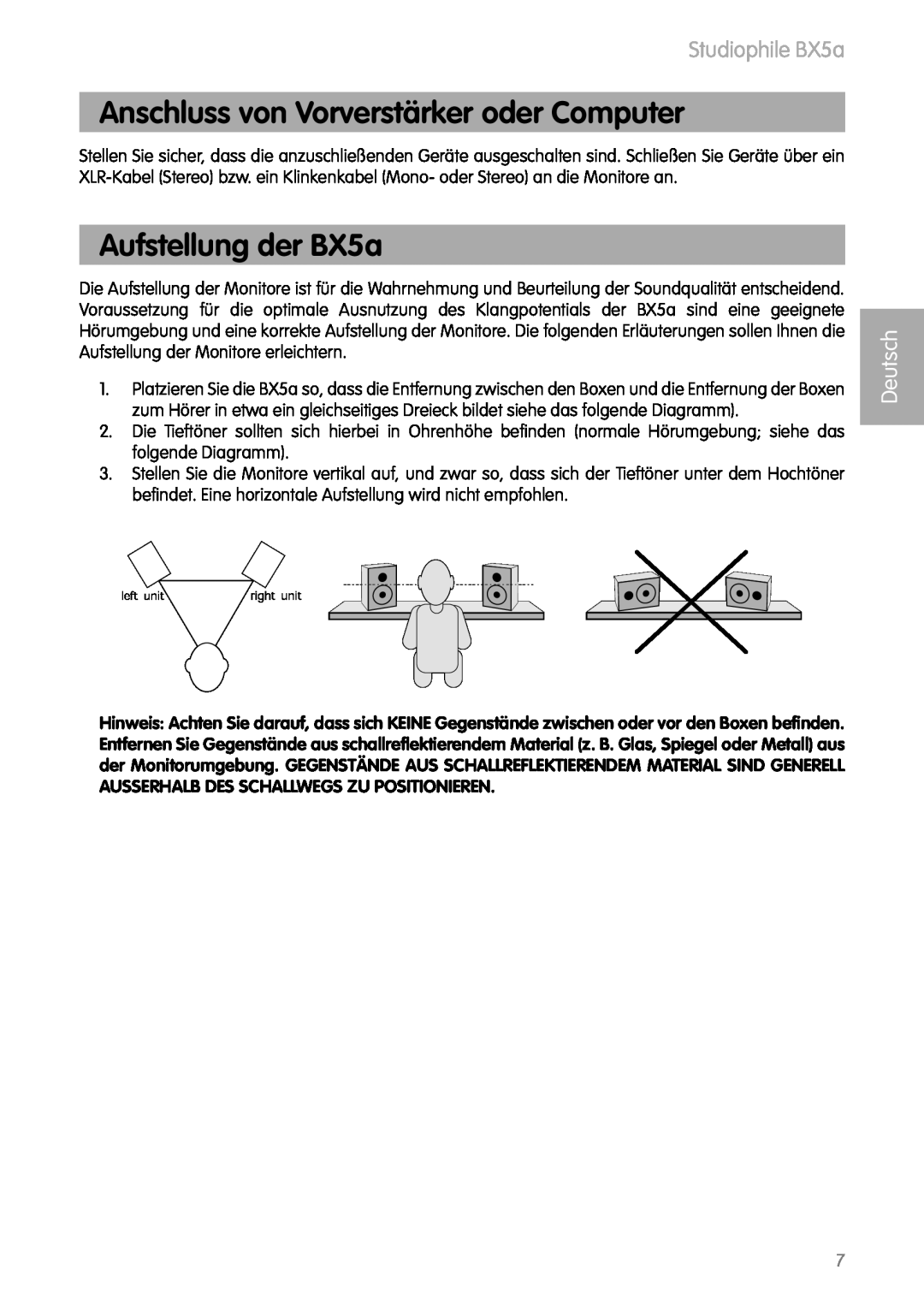M-Audio manual Anschluss von Vorverstärker oder Computer, Aufstellung der BX5a, Studiophile BX5a, Deutsch 