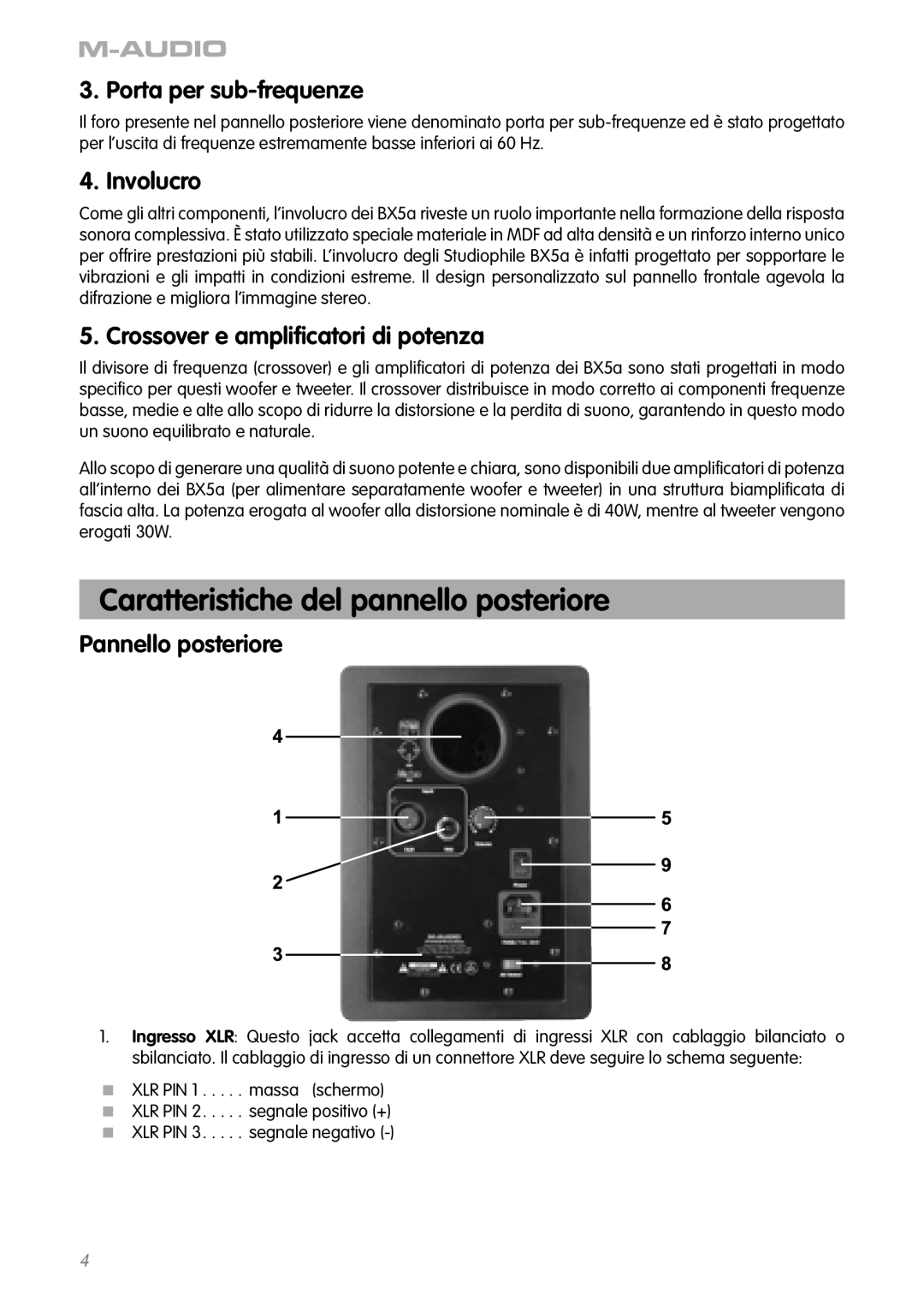 M-Audio BX5as manual Caratteristiche del pannello posteriore, Porta per sub-frequenze, Involucro, Pannello posteriore 