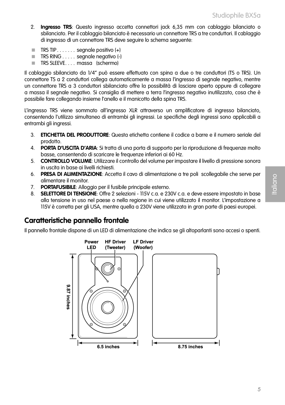 M-Audio BX5as manual Caratteristiche pannello frontale 