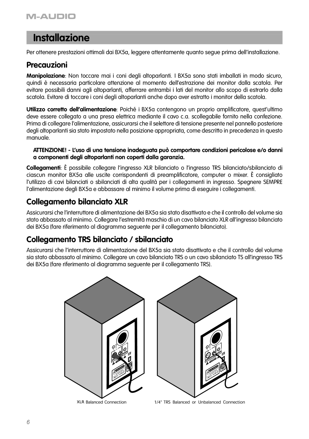 M-Audio BX5as manual Installazione, Precauzioni, Collegamento bilanciato XLR, Collegamento TRS bilanciato / sbilanciato 