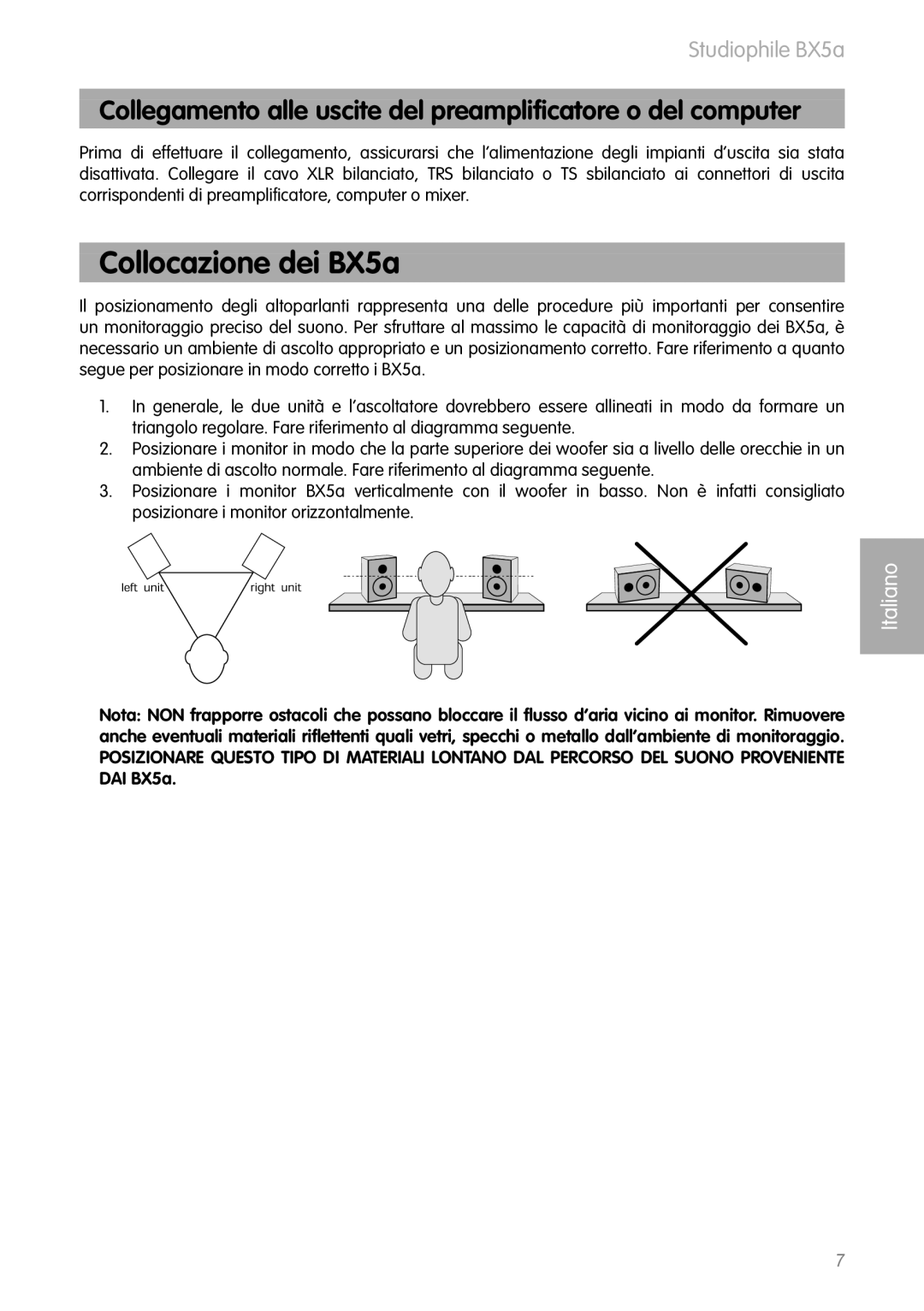 M-Audio BX5as manual Collocazione dei BX5a, Collegamento alle uscite del preampliﬁcatore o del computer 