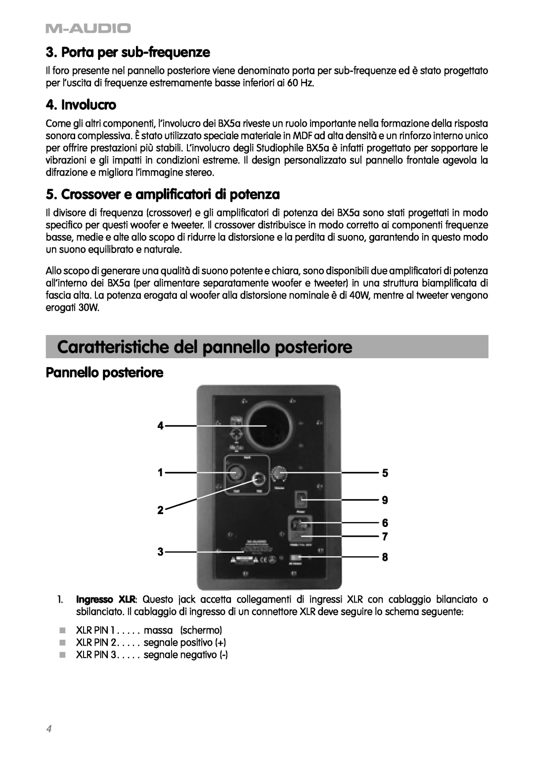M-Audio BX5as manual Caratteristiche del pannello posteriore, Porta per sub-frequenze, Involucro, Pannello posteriore 