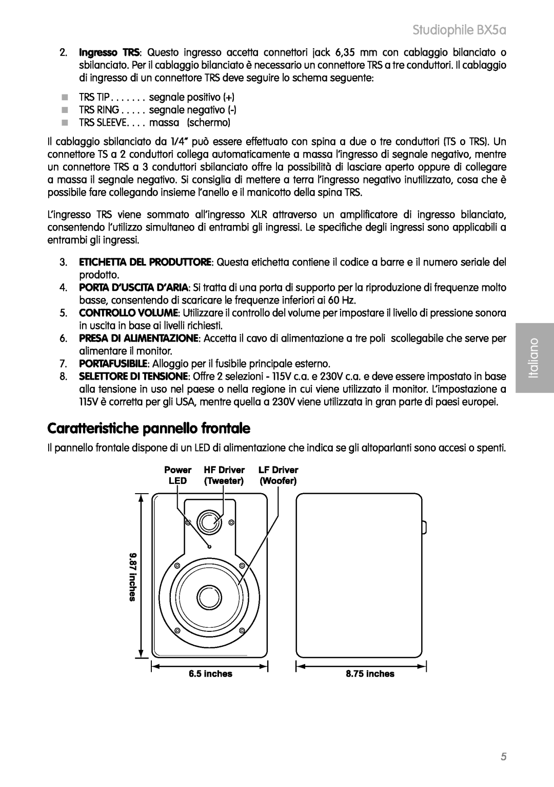 M-Audio BX5as manual Caratteristiche pannello frontale, Studiophile BX5a, Italiano 