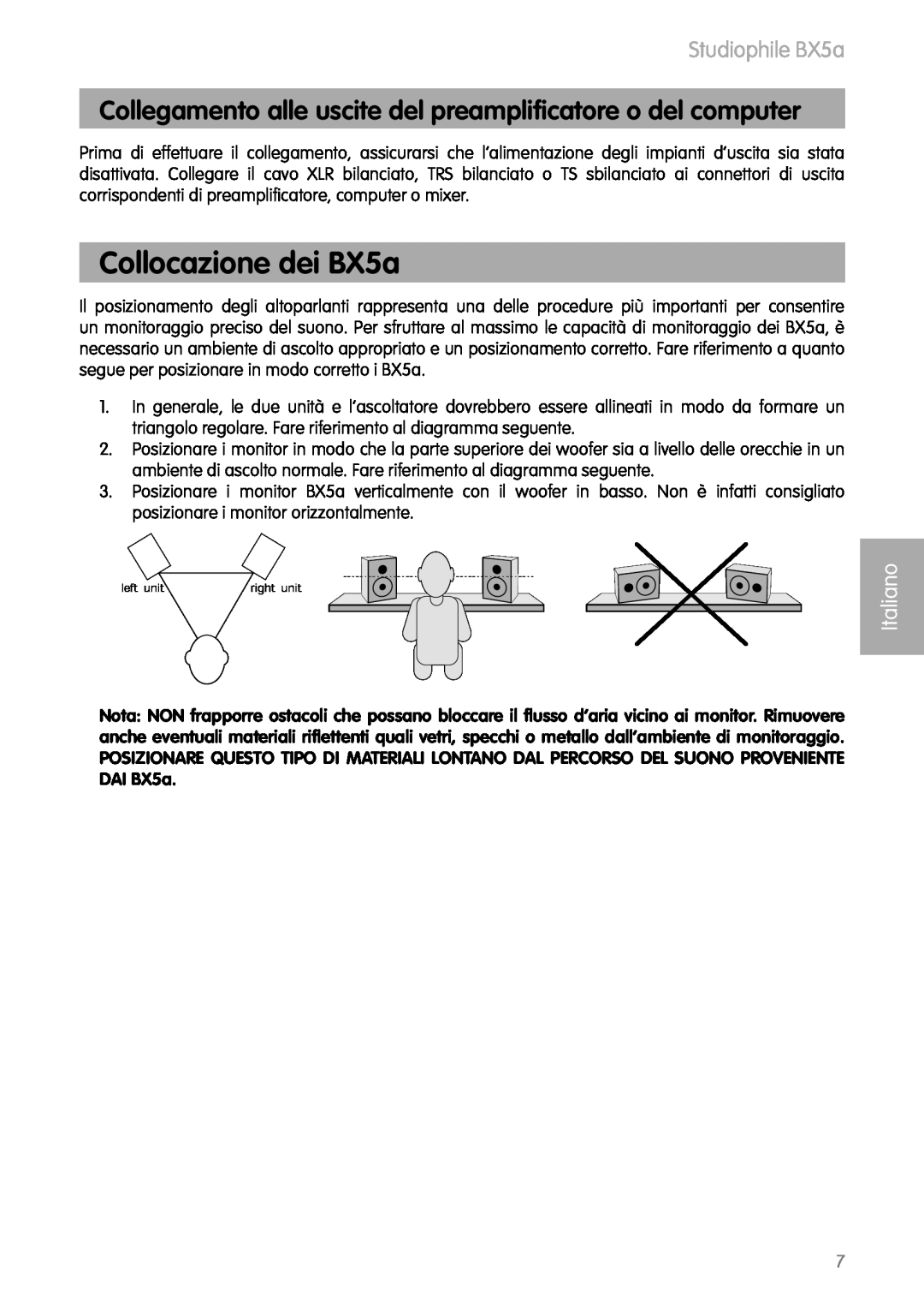 M-Audio BX5as manual Collocazione dei BX5a, Studiophile BX5a, Italiano 