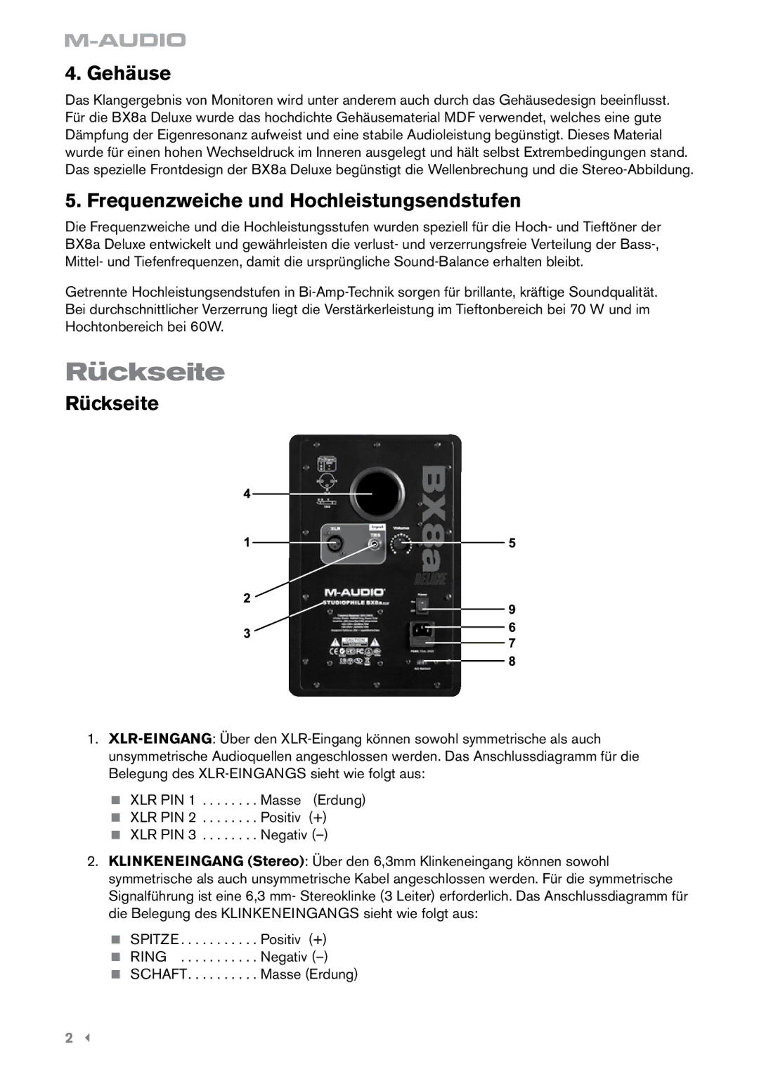 M-Audio BX8a manual Rückseite, Gehäuse, Frequenzweiche und Hochleistungsendstufen 