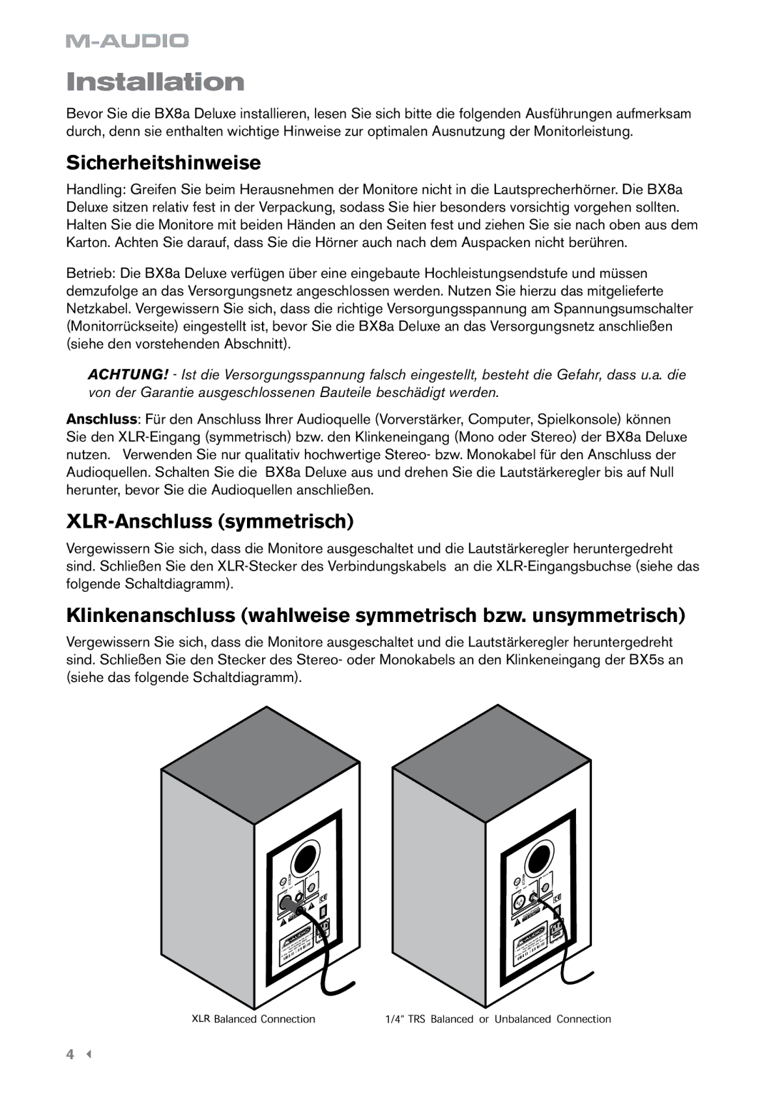 M-Audio BX8a manual Installation, Sicherheitshinweise 