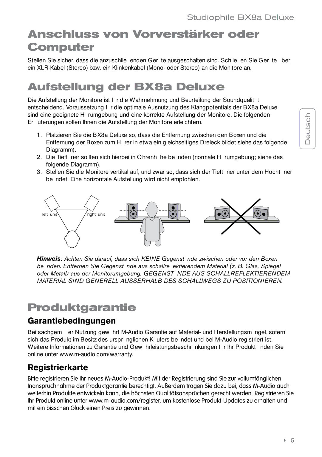 M-Audio manual Anschluss von Vorverstärker oder Computer, Aufstellung der BX8a Deluxe, Produktgarantie 