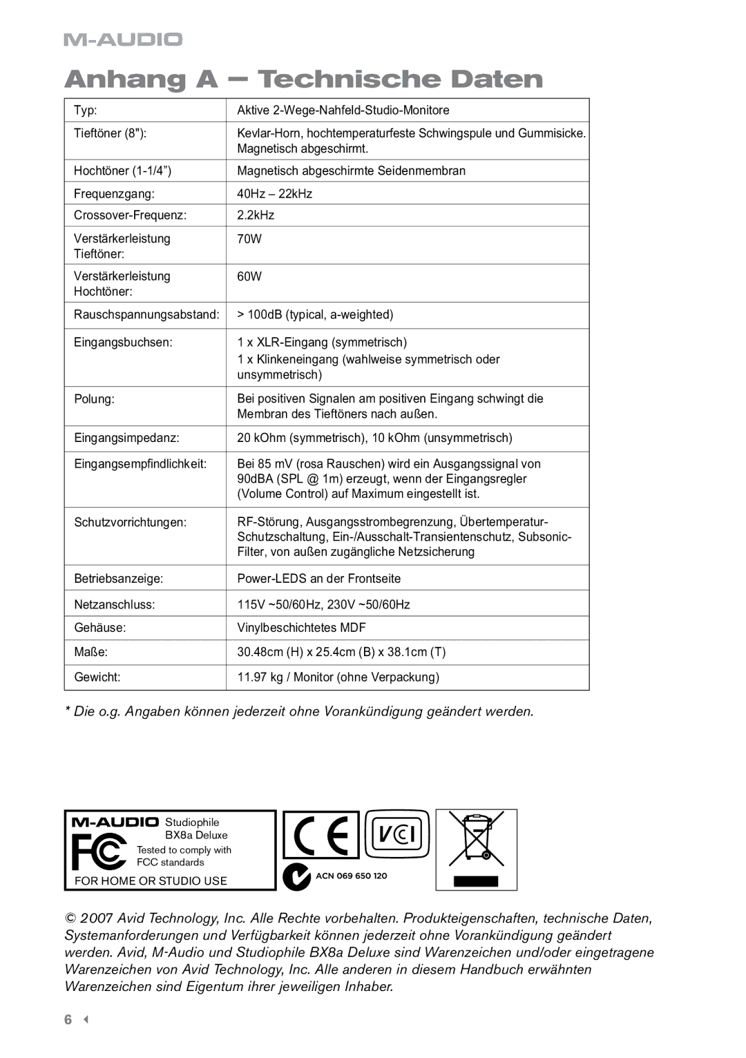 M-Audio BX8a manual Anhang a Technische Daten, Schutzvorrichtungen 