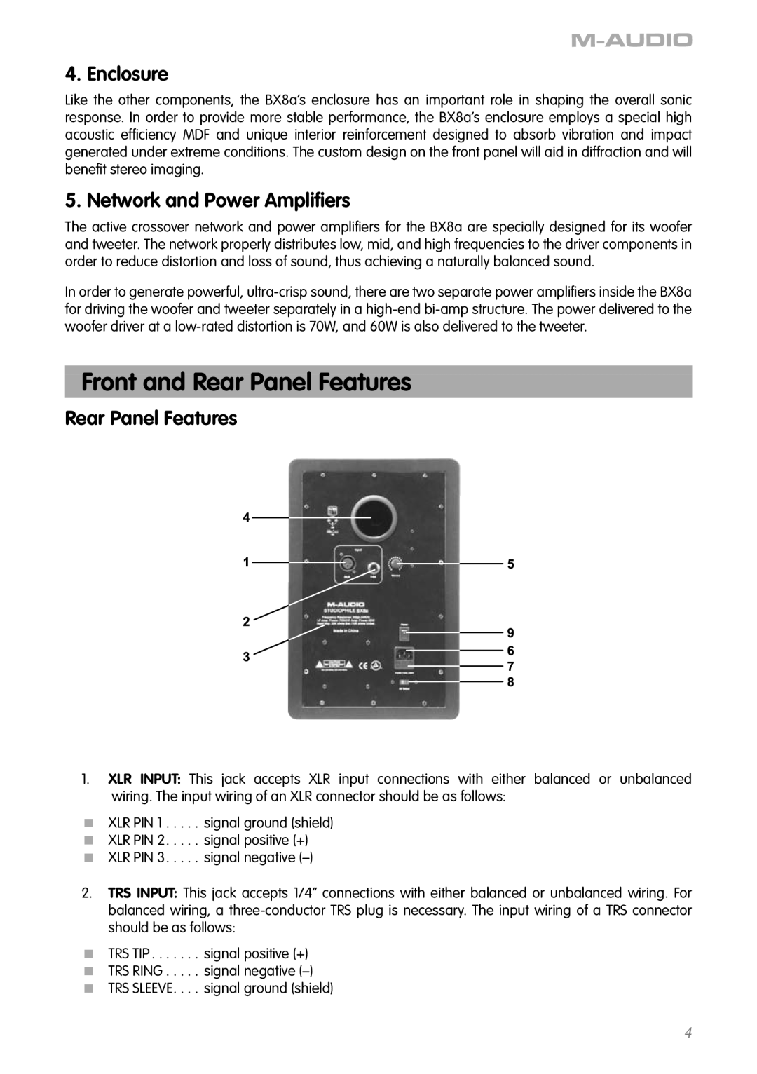 M-Audio BX8a manual Front and Rear Panel Features, Enclosure, Network and Power Ampliﬁers 