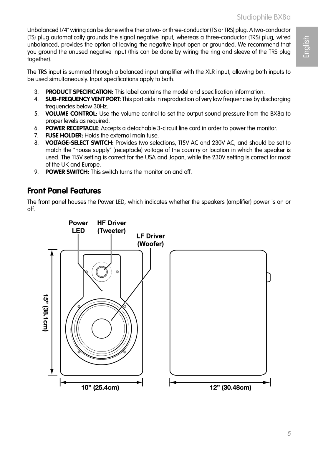 M-Audio manual Front Panel Features, Studiophile BX8a 