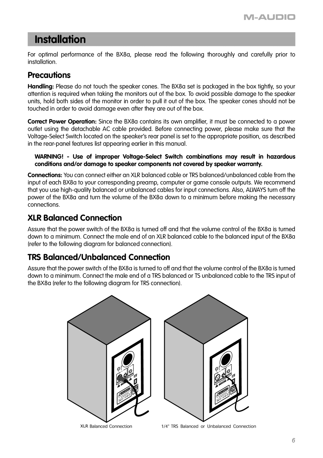 M-Audio BX8a manual Installation, Precautions, XLR Balanced Connection, TRS Balanced/Unbalanced Connection 