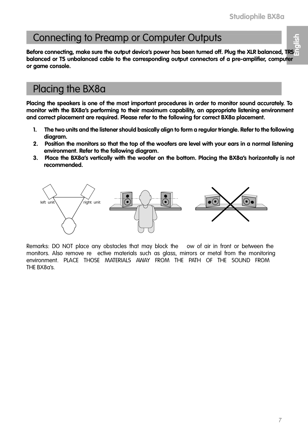 M-Audio manual Connecting to Preamp or Computer Outputs, Placing the BX8a 