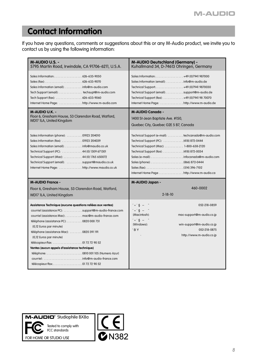 M-Audio BX8a manual Contact Information, Audio U.S 