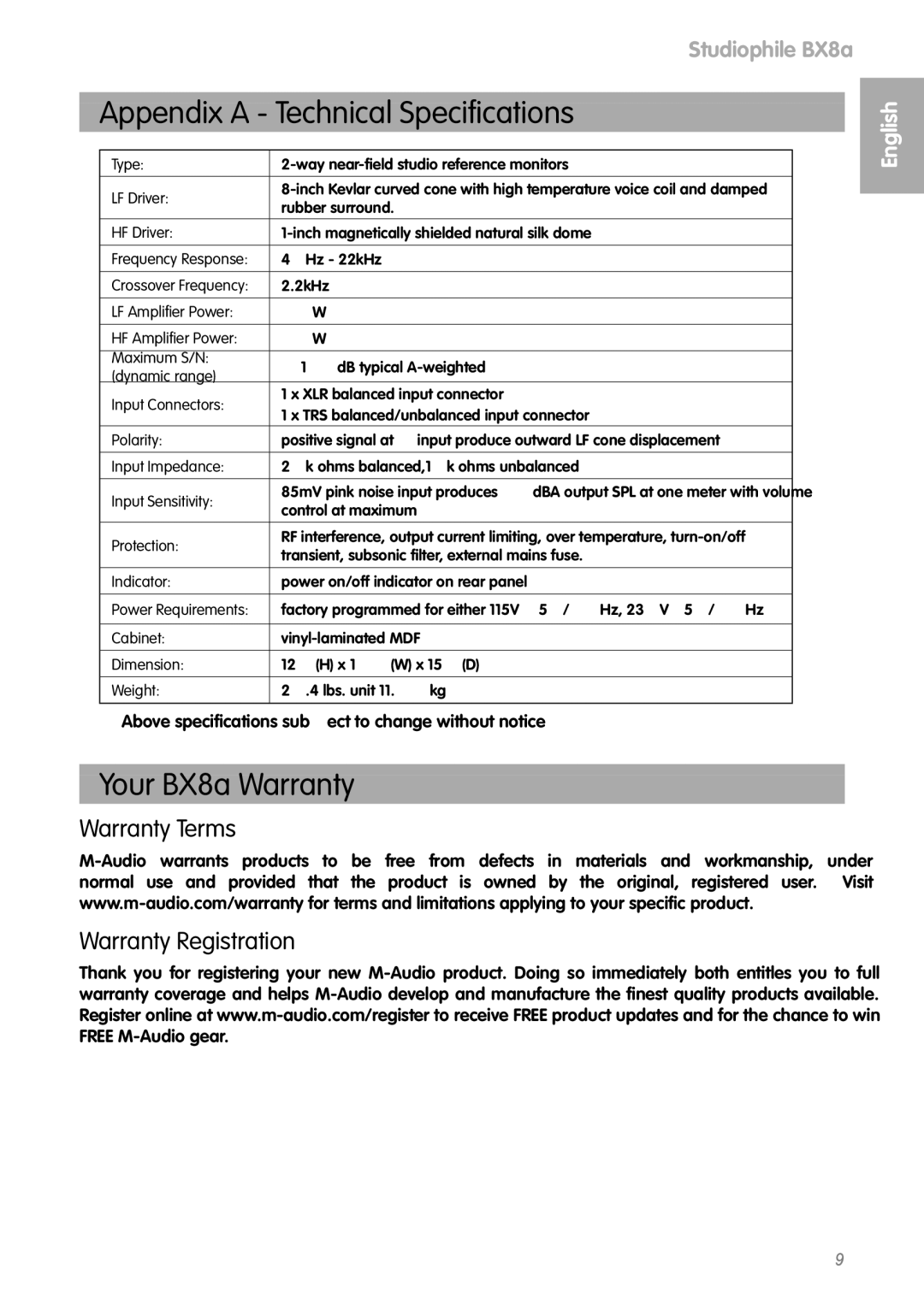 M-Audio manual Appendix a Technical Speciﬁcations, Your BX8a Warranty, Warranty Terms Warranty Registration 