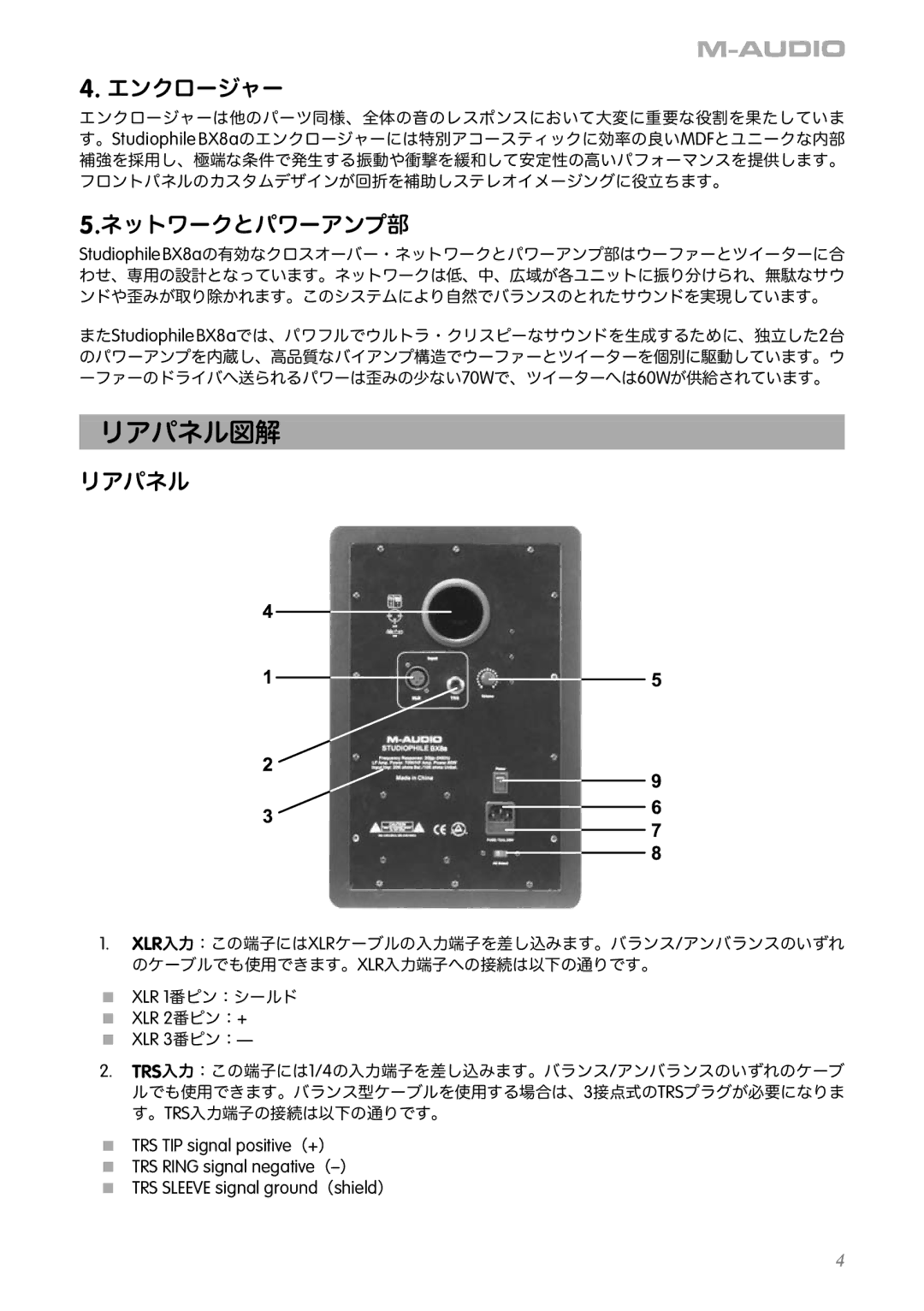 M-Audio BX8a manual リアパネル図解, エンクロージャー, ネットワークとパワーアンプ部 