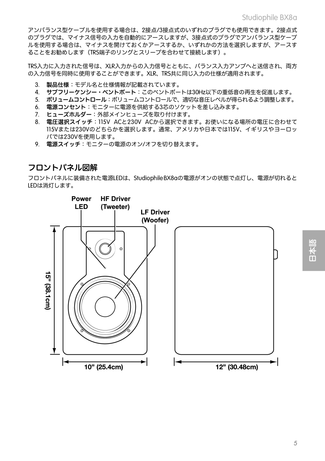 M-Audio BX8a manual フロントパネル図解 