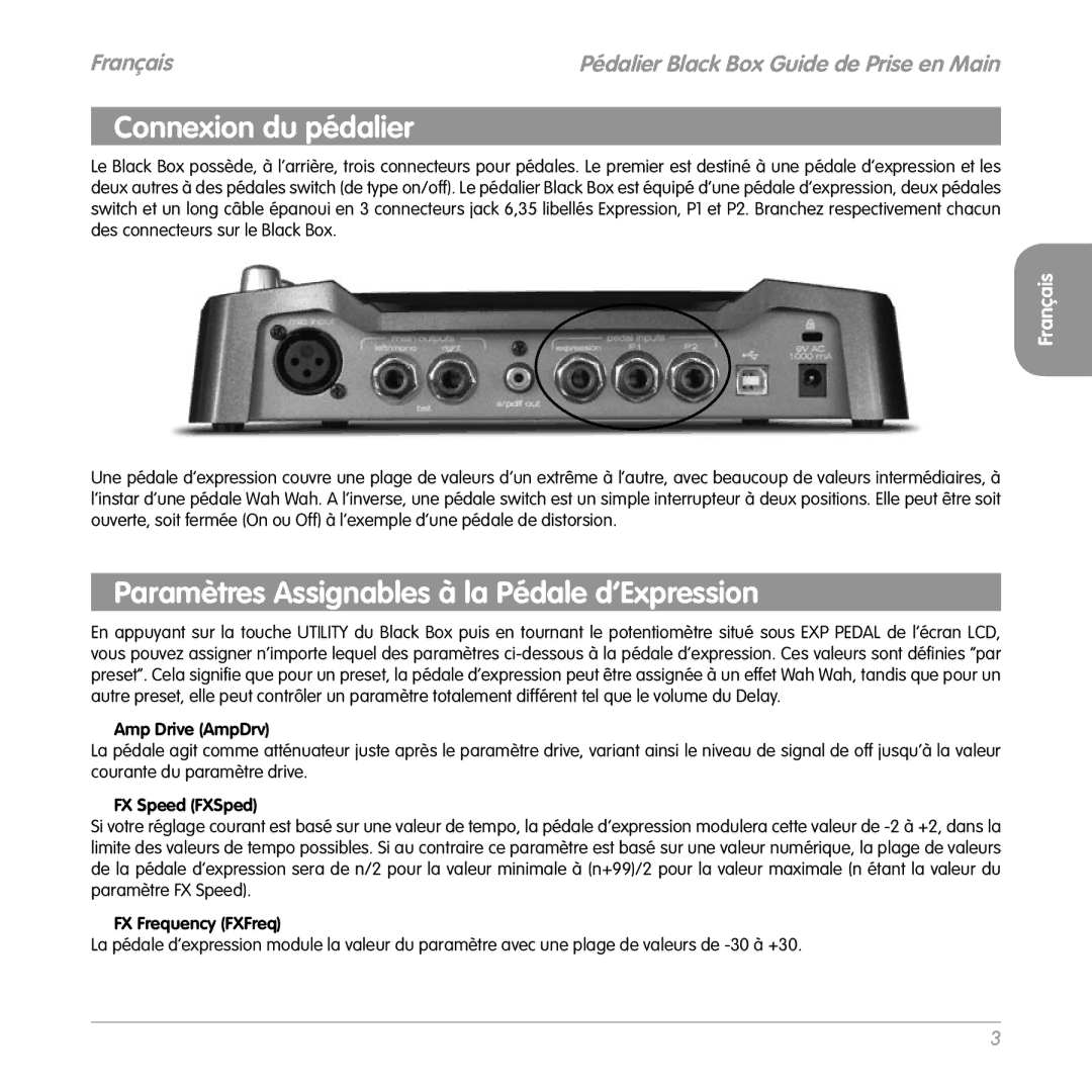 M-Audio Cable Box quick start Connexion du pédalier, Paramètres Assignables à la Pédale d’Expression, Amp Drive AmpDrv 