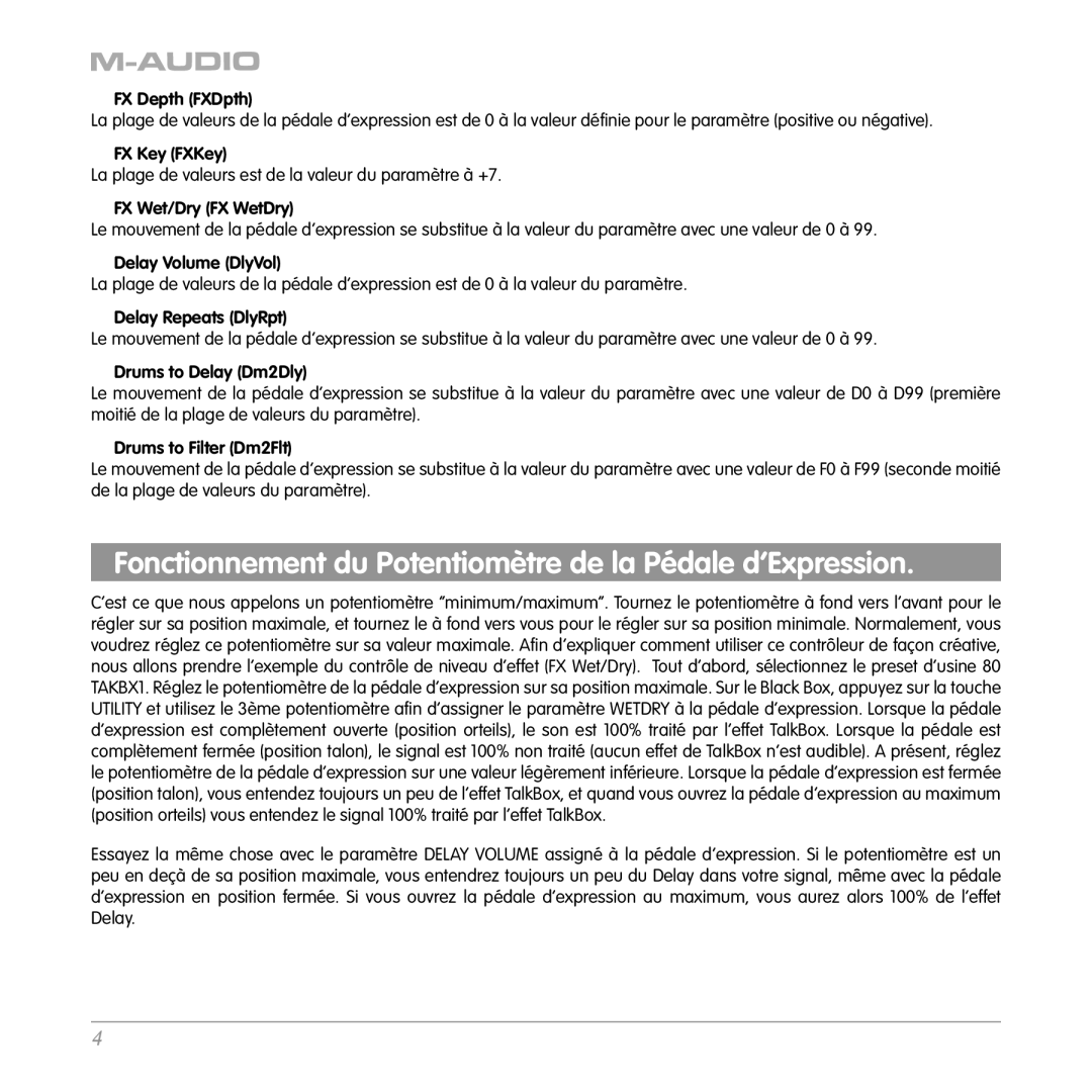 M-Audio Cable Box quick start Fonctionnement du Potentiomètre de la Pédale d’Expression 