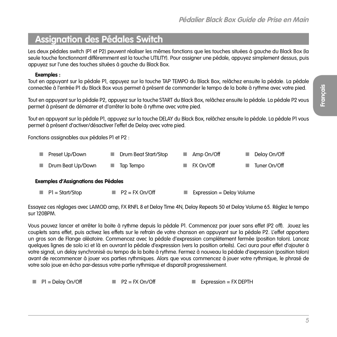 M-Audio Cable Box quick start Assignation des Pédales Switch, Exemples d’Assignations des Pédales 