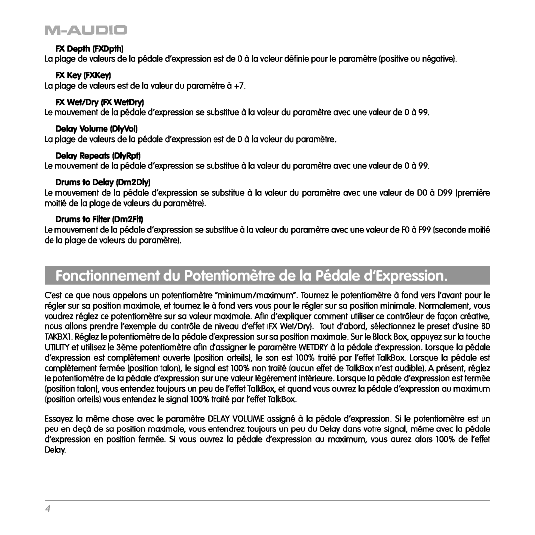 M-Audio Cable Box quick start Fonctionnement du Potentiomètre de la Pédale d’Expression, FX Depth FXDpth, FX Key FXKey 