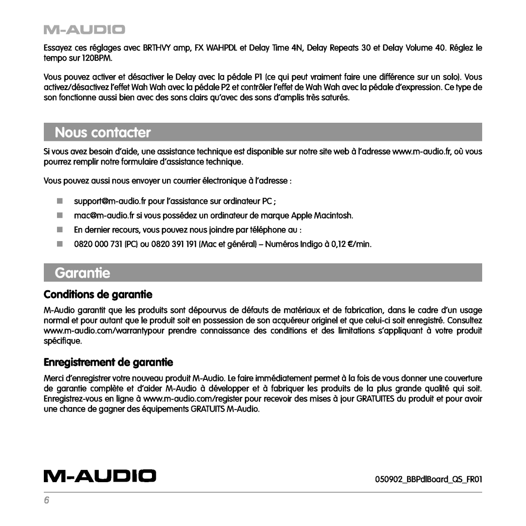 M-Audio Cable Box quick start Nous contacter, Garantie, Conditions de garantie, Enregistrement de garantie 