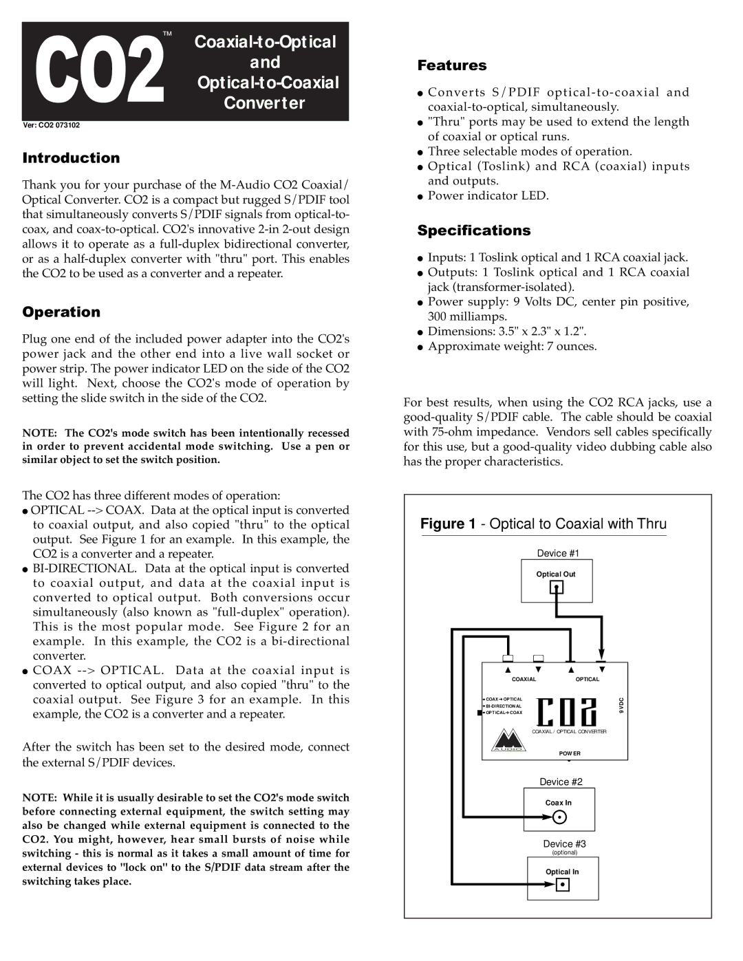 M-Audio CO2 specifications Introduction, Operation, Features, Specifications 